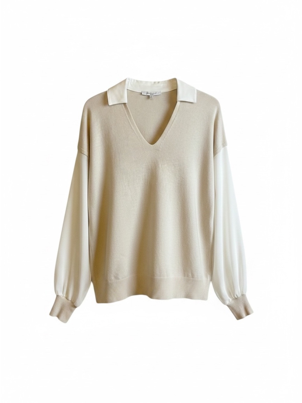 Beige and White V-Neck Collared‎ Women's Sweater